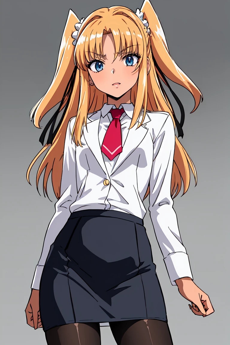 masterpiece, best quality, ultra-detailed, (perfect face, detailed face), <lora:FutabaLilyRamses:0.6>, 1girl, solo, futabalily, long hair, two side up, (dark skin:1.2), hair ribbon, flat chest, business suit, pencil skirt, pantyhose, cowboy shot