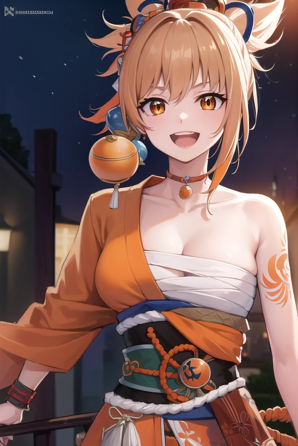 yoimiya, <lora:yoimiya-lora-nochekaiser:1>, 
yoimiya, arm tattoo, choker, hair ornament, light brown hair, long hair, (orange eyes:1.5), red choker, sidelocks, <lora:talkmouth_A_v100:0.8>, open mouth, smile,
BREAK arm tattoo, bandaged arm, bandaged leg, bandages, bracelet, chest sarashi, chest tattoo, cleavage, collarbone, fingerless gloves, fish tattoo, gloves, hadanugi dousa, japanese clothes, jewelry, kimono, kinchaku, obi, orange kimono, rope, sarashi, sash, shimenawa, single fingerless glove, tattoo, vision (genshin impact), wide sleeves,
BREAK outdoors, night, fireworks, festival,
BREAK looking at viewer, (cowboy shot:1.5)
BREAK <lyco:GoodHands-beta2:1>, (masterpiece:1.2), best quality, high resolution, unity 8k wallpaper, (illustration:0.8), (beautiful detailed eyes:1.6), extremely detailed face, perfect lighting, extremely detailed CG, (perfect hands, perfect anatomy),