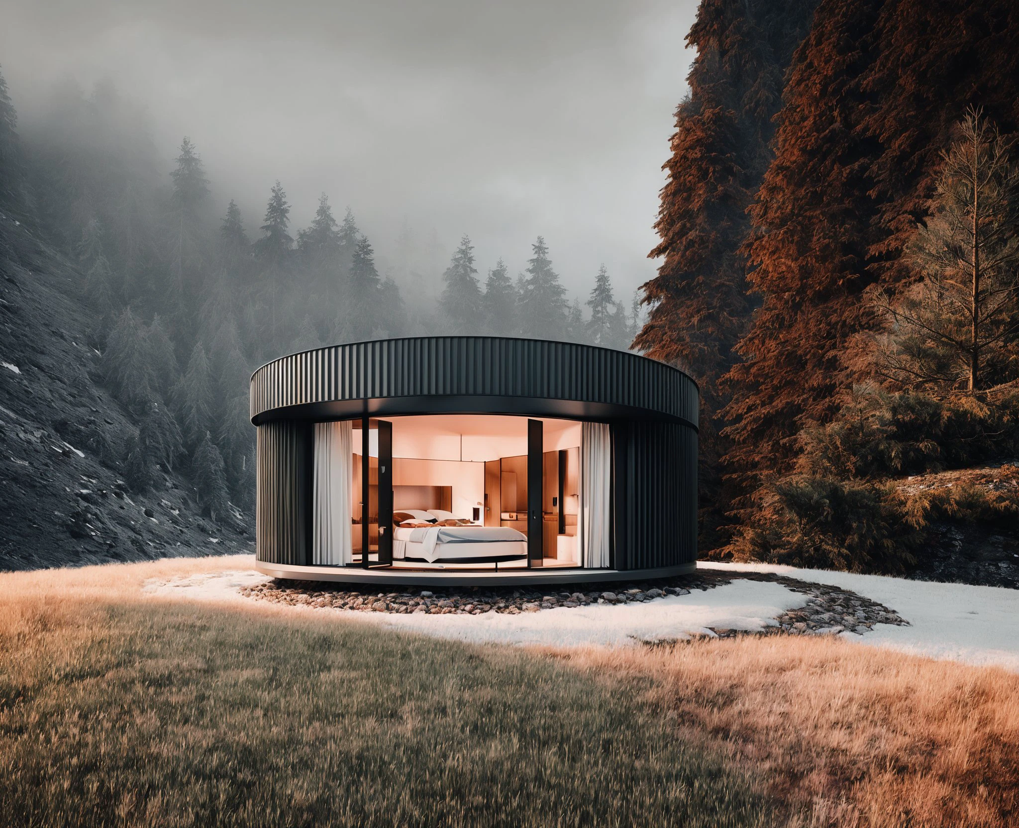 (raw photography:1.2), there is a small round cabin with a bed in the middle of a field, a digital rendering by Matthias Weischer, unsplash contest winner, neo-romanticism, alpine architecture, integrated in the mountains, <lora:Archiveria_yiu_v30:0.7>