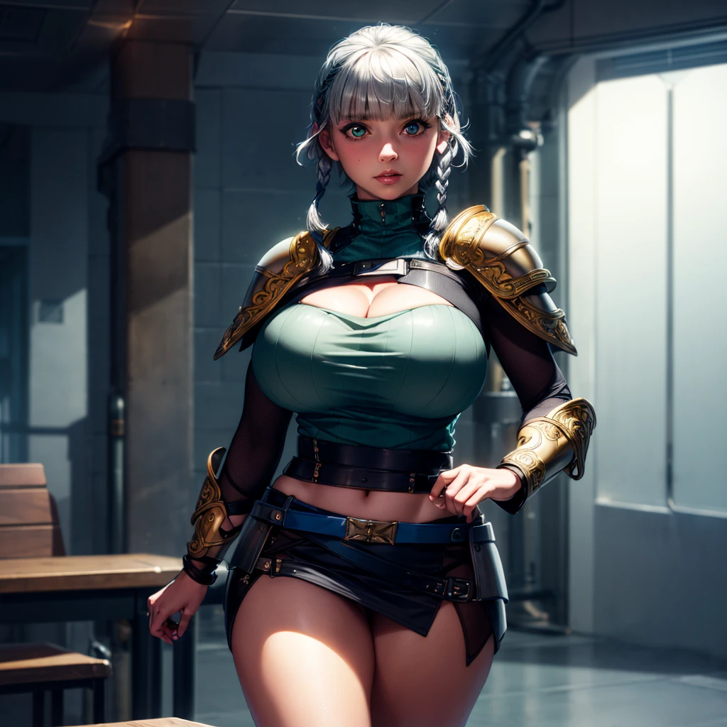 8k, 4k, intricate details, cinematic lighting, stunning environment, ornate, (realistic:1.1), detailed face, detailed eyes, detailed shadows, 1girl, solo, curvy, large breasts, cleavage, jacket, mini skirt, black skirt, green jacket, blue waist clothes, (shoulder armor:1.1), gray hair, short hair, twin braids, turtleneck clothes, <lora:CHA_SeollaSchweizer:1>, <lora:1_ADD_Detail:1>