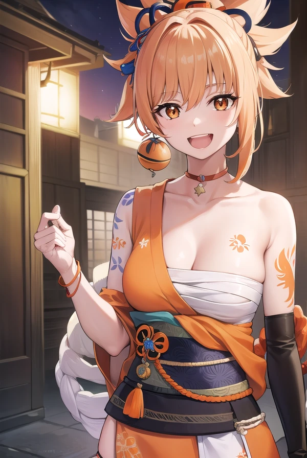 Yoimiya (Impact de Genshin), Belle fille, gros seins, curvy body, 18 ans, horny girl, beautiful face, detailed nipples, (nuit), starry night sky, lune, 1fille, detailed background, paysage, Festival japonais, ((fireworks)), content, Souriant, (Very short orange yukata), bandage sur le corps, breasts almost bare, Regarder le spectateur, Best quality, romantic lighting, best lighting, Lucioles, Meilleure ombre, photoreallistic, Masterpiece, Ultra detailded,