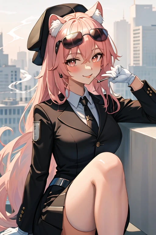 best quality, masterpiece, highres, solo, {black business suit:1.40}, {tie:1.20}, {sunglasses:1.25}, {white gloves:1.15}, {white shirt:1.10}, {black skirt:1.15}, {smoking:1.20}, handsome, {gravel_arknights:1.15}, animal_ears, long_hair, pink_hair, animal_ear_fluff, smile, blush, hair_between_eyes, bangs, breasts, upper_body