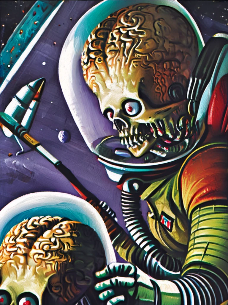 a portrait painting an martian in a clear space suit helmet, highly detailed
<lora:Mars_Attacks_XL_Topps:1>