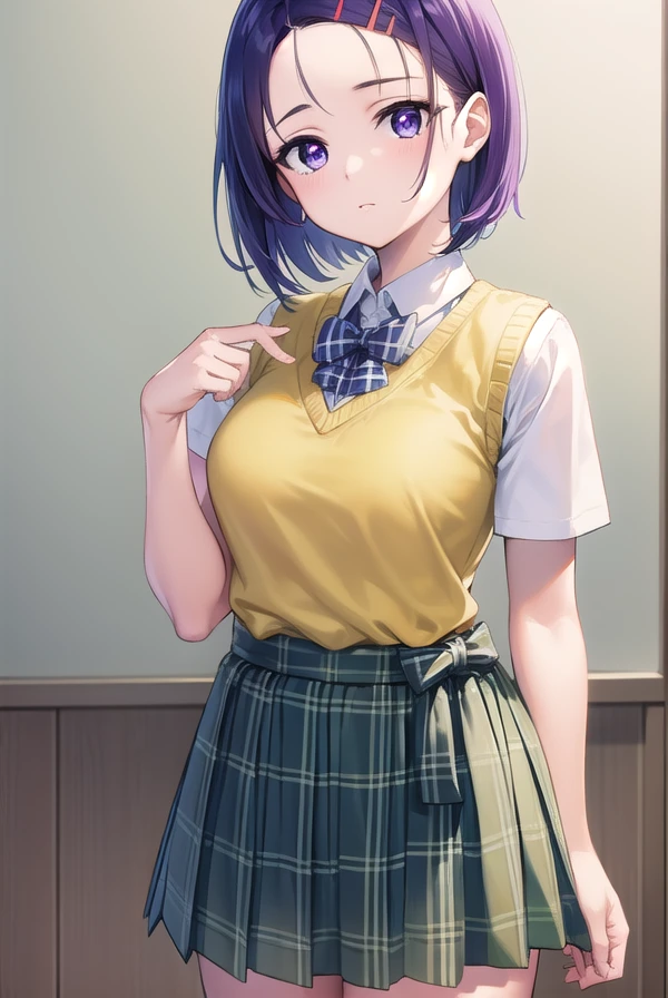 harunasairenji, <lora:harunasairenji-lora-nochekaiser:1>,
haruna sairenji, hair ornament, hairclip, (purple eyes:1.1), purple hair, short hair, swept bangs, (forehead:1.3),
BREAK green skirt, plaid, plaid skirt, sainan high school uniform, school uniform, skirt, sweater vest, (yellow sweater:1.3), short sleeves,
BREAK indoors, classroom,
BREAK looking at viewer, (cowboy shot:1.5),
BREAK <lyco:GoodHands-beta2:1>, (masterpiece:1.2), best quality, high resolution, unity 8k wallpaper, (illustration:0.8), (beautiful detailed eyes:1.6), extremely detailed face, perfect lighting, extremely detailed CG, (perfect hands, perfect anatomy),