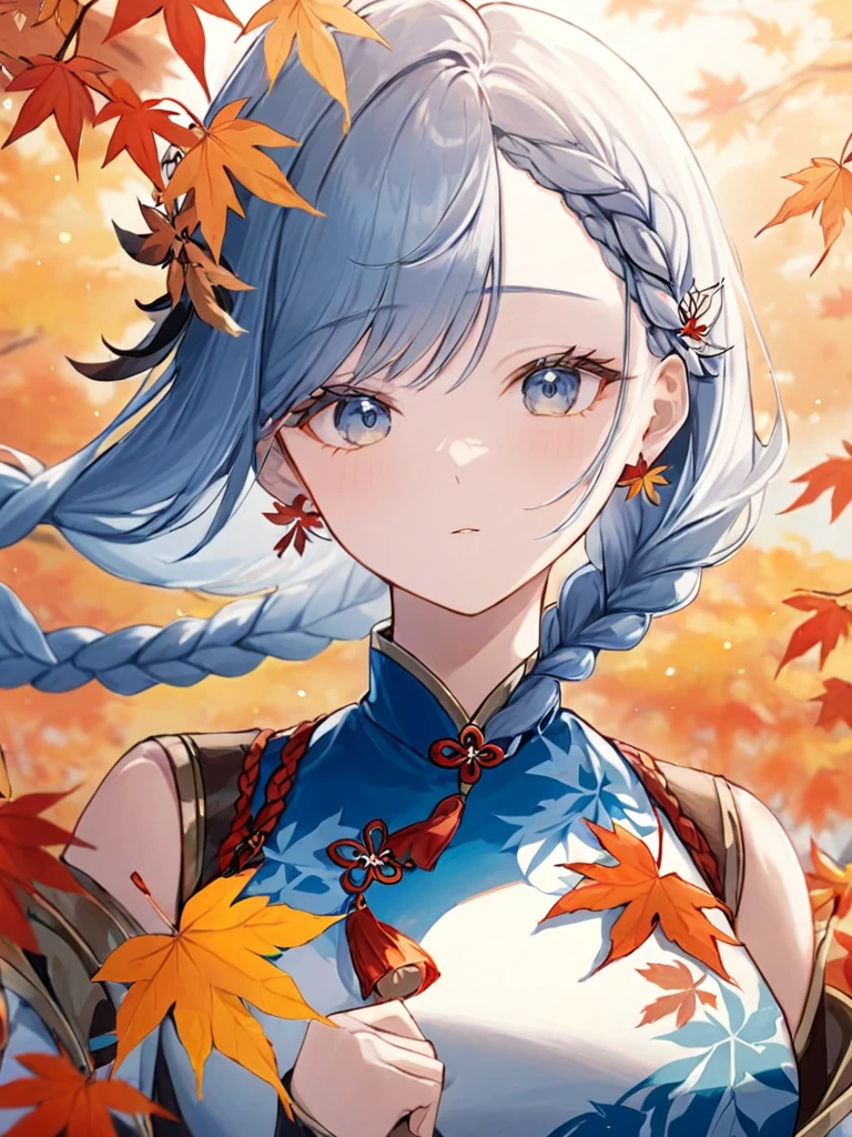 ultra-detailed,(best quality),((masterpiece)),(highres),original,extremely,<lora:shenhe:1>,shenhe,1girl,solo,hair ornament,leaf,autumn leaves,looking at viewer,upper body,holding,breasts,long sleeves,maple leaf,braid,tassel,holding leaf,closed mouth,shoulder cutout,outdoors,blurry,puffy long sleeves,