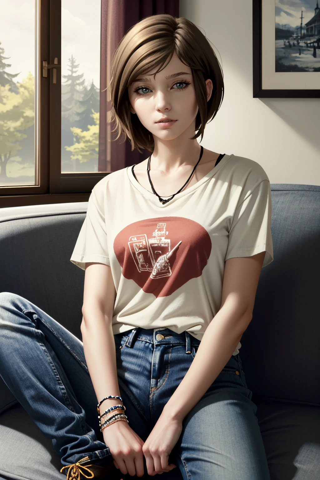 (masterpiece, best quality, highres:1.5)
<lora:LifeStrangeChloe:0.8>
LifeStrangeChloe, 1girl, solo, short hair, brown hair, shirt, jewelry, sitting, pants, bracelet, denim, t-shirt, jeans