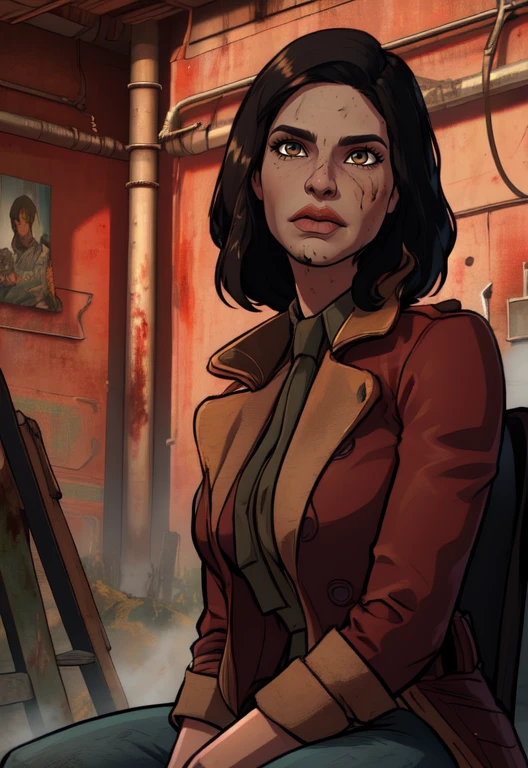 piper,black hair,brown eyes,
standing,upper body, black undershirt,
red overcoat,dirty clothes,pants,
sitting, news station,
fallout \(series\),morning,
(insanely detailed, beautiful detailed face,beautiful detailed eyes, masterpiece, best quality),
<lora:piper:0.8>,