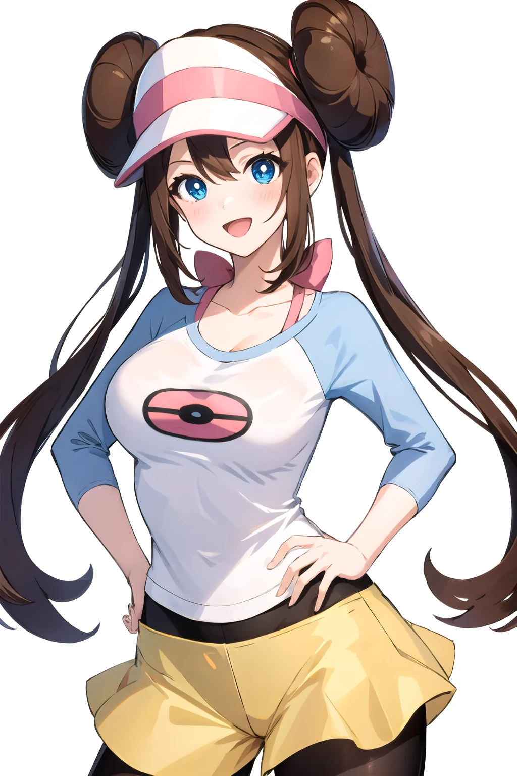 <lora:rosa_v2:1> rosa pokemon, blue eyes, simple background, smile, pantyhose, raglan sleeves, brown hair, yellow shorts, legwear under shorts, double bun, black pantyhose, 1girl, open mouth, blush, long hair, looking at viewer, white background, pink bow, hand on hip, solo, visor cap,  twintails, large breasts