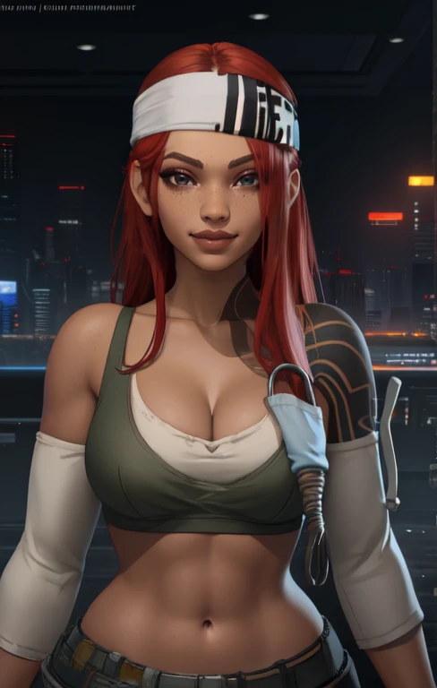 Lifeline, red hair,  brown eyes,  long hair, 
 looking at viewer,  smile, 
headband, left should tattoo,  shirt, collarbone,  detached sleeves,  plastic gloves, 
facing viewer,    navel, 
standing,  upper body,  cleavage,  
cyberpunk,  open hospital, 
(insanely detailed, beautiful detailed face,beautiful detailed eyes, masterpiece, best quality),
 <lora:Lifeline:0.8>