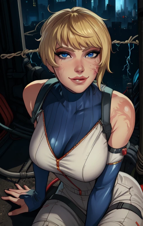 wattson, blue eyes, scar on left cheek, blonde hair,
looking at viewer, smile,
turtleneck, white Jumpsuit,
facing viewer, sitting,
cyberpunk, electricity, electric fence,
(insanely detailed, beautiful detailed face,beautiful detailed eyes, masterpiece, best quality),
<lora:wattson:0.8>