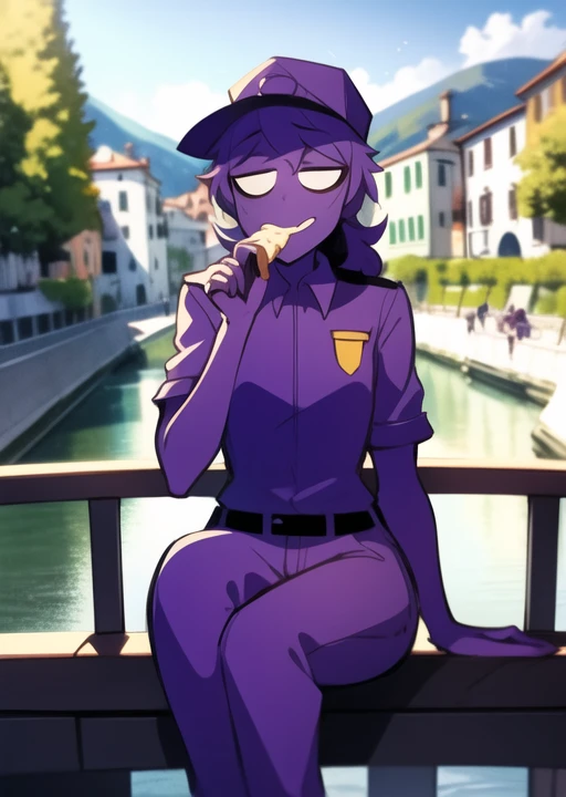 <lora:purpleguy-08:1> purpleguy, sitting in italian Fondamenta, eating ice cream, river background, detailed background, masterpiece, best quality