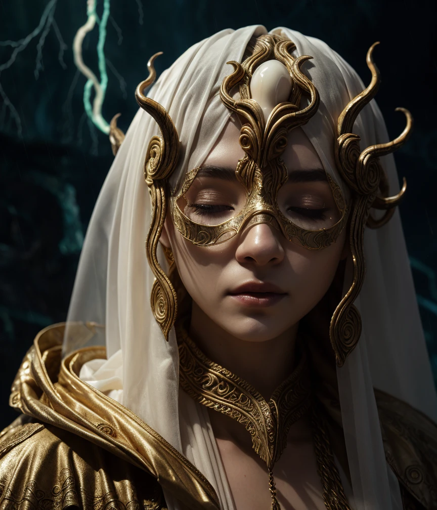 a stern Eldritch ancient god in the storm at night, draped in cloak of stars, [[Sophia Anne Caruso]], [Zendaya], translucent ivory masquerade mask of Eldritch horror, erotic pose, closed eyes, cinematic lighting, (by (Daniel Mernagh) (Carne Griffiths) Monika Nowak), highly detailed, detailed face, soft body, alien