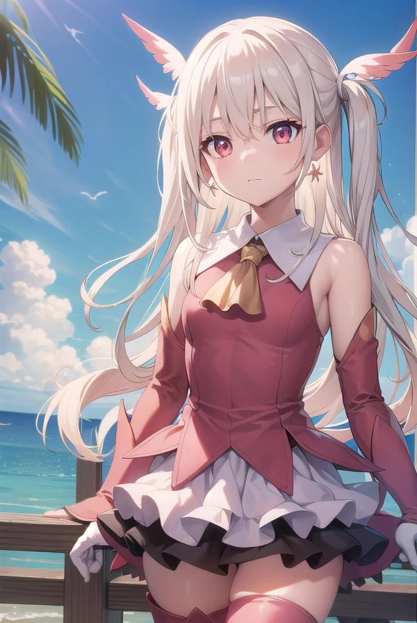 illyasvielvoneinzbern, <lora:illyasvielvoneinzbern-lora-nochekaiser:1>,
illyasviel von einzbern, blonde hair, hair between eyes, long hair, (red eyes:1.5),
BREAK boots, detached sleeves, earrings, feather hair ornament, feathers, gloves, hair ornament, jewelry, layered skirt, long sleeves, magical girl, miniskirt, pink footwear, pink shirt, pink sleeves, pleated skirt, shirt, skirt, sleeveless, sleeveless shirt, staff, thigh boots, thighhighs, wand, white feathers, white gloves, white skirt, zettai ryouiki,
BREAK outdoors, city, sky, cloud, sun,
BREAK looking at viewer, (cowboy shot:1.5),
BREAK <lyco:GoodHands-beta2:1>, (masterpiece:1.2), best quality, high resolution, unity 8k wallpaper, (illustration:0.8), (beautiful detailed eyes:1.6), extremely detailed face, perfect lighting, extremely detailed CG, (perfect hands, perfect anatomy),
