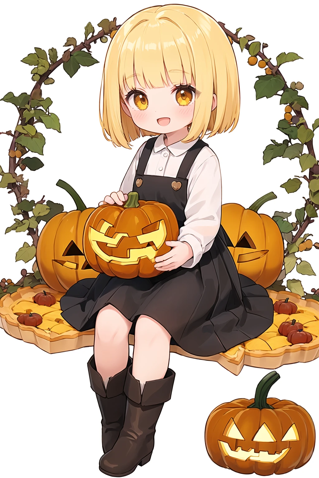 solo, 1girl, deep-yellow hair, medium bob cut, orange-colored eyes, brown boots, happy, :D, white shirts, orange-colored balloon skirt, sitting on big pumpkin tart, (pumpkin tart:1.4), pumpkin-pie, many pumpkins, grape vines,childbook,[(WHITE BACKGROUND:1.5),::5] HEXAGON