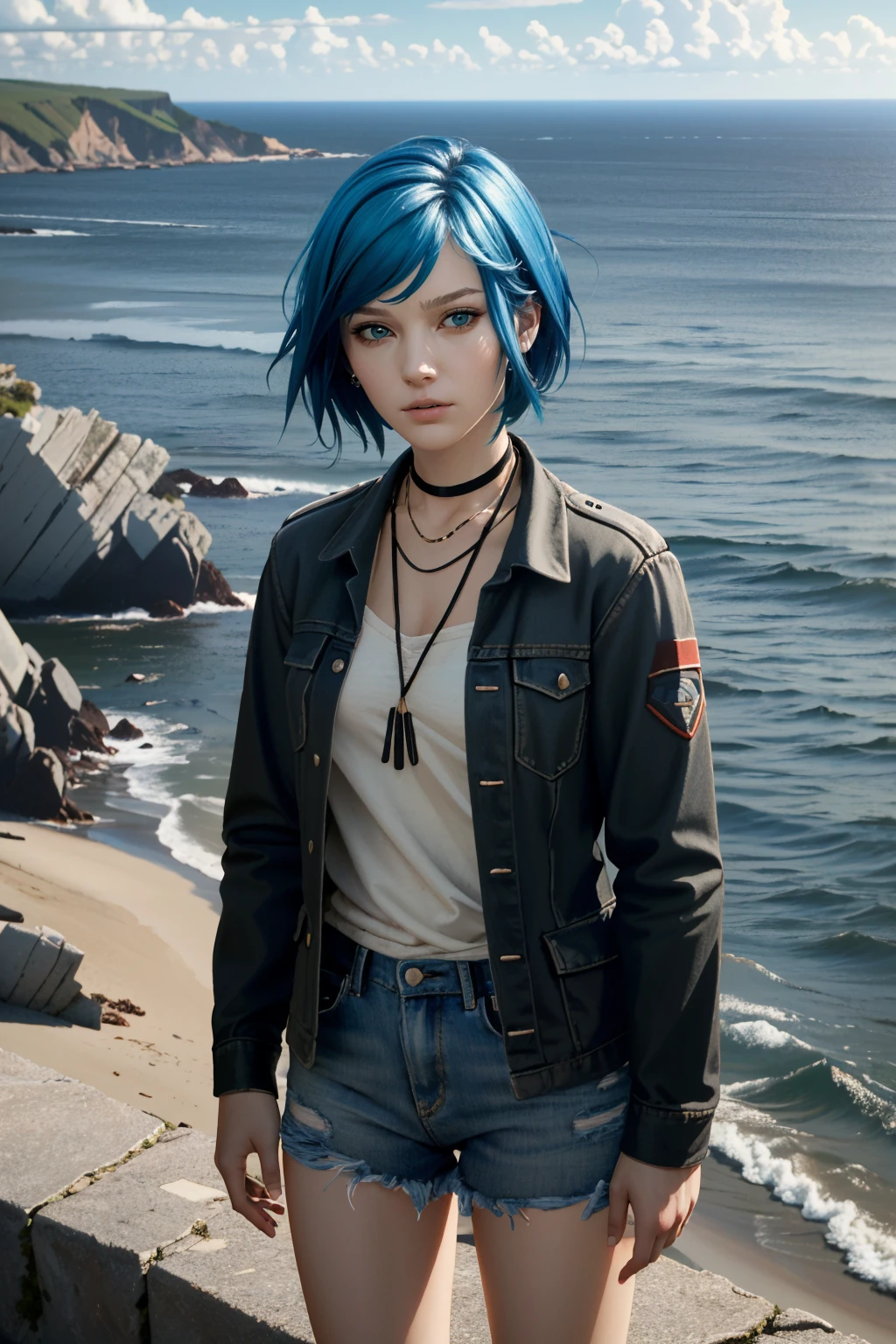 (masterpiece, best quality, highres:1.5)
<lora:LifeStrangeChloe:0.8>
LifeStrangeChloe, 1girl, solo, short hair, multicolored hair, standing on the edge of a rugged coastal cliff, windswept and defiant, with a vintage camera hanging from her neck