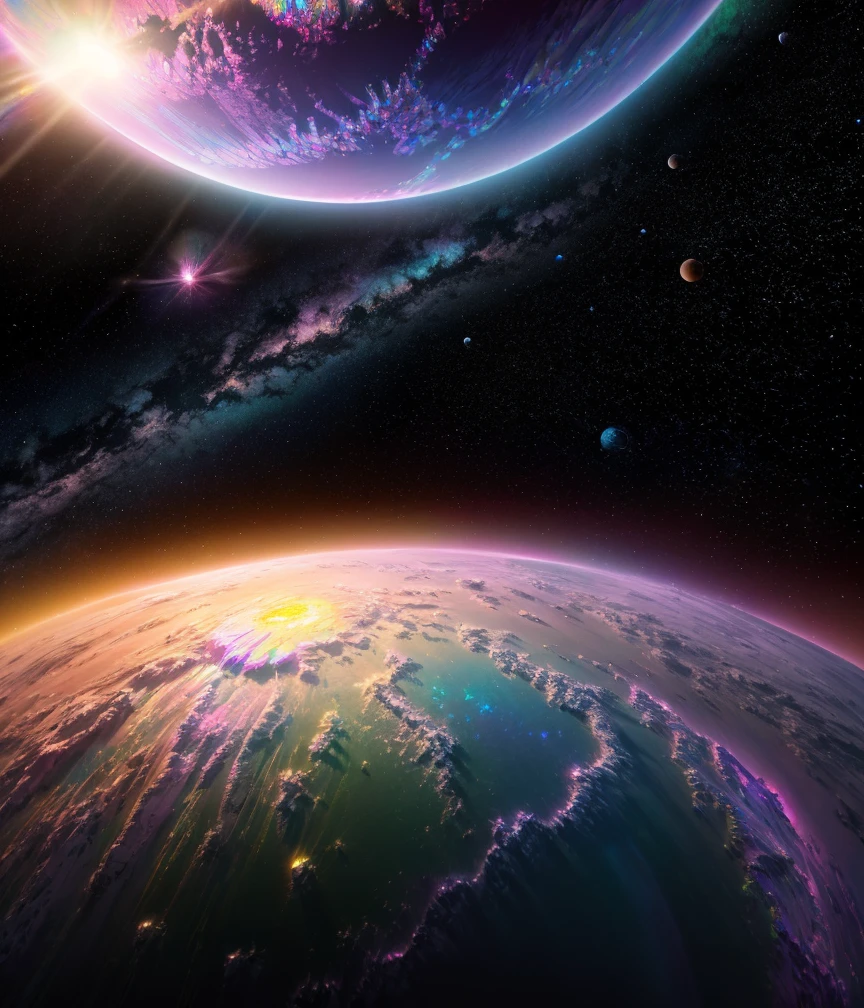dublex ((((8k)))) HD photo extremely detailed render (((iridescent))) planet, yellow-pink electric snow landscape, some biological features on the planetâs surface are so massive they can been seen from space, cities can be seen from space ((lights)) ((swirling clouds))High Detail, Sharp focus, dramatic, Bewildering