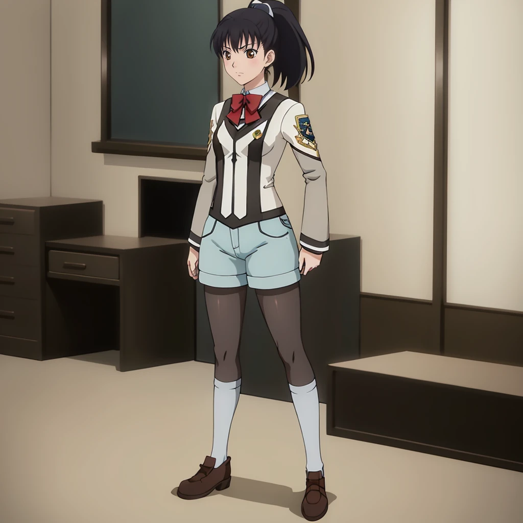 masterpiece,highres,high quality,extremely detailed,solo,
<lora:MaiShibamura001:0.7>,
MaiShibamura,1girl,
ponytail,
uniform,bow,emblem,shirt tuck-in,
shorts,
pantyhose,knee socks,
full body,standing,
school,