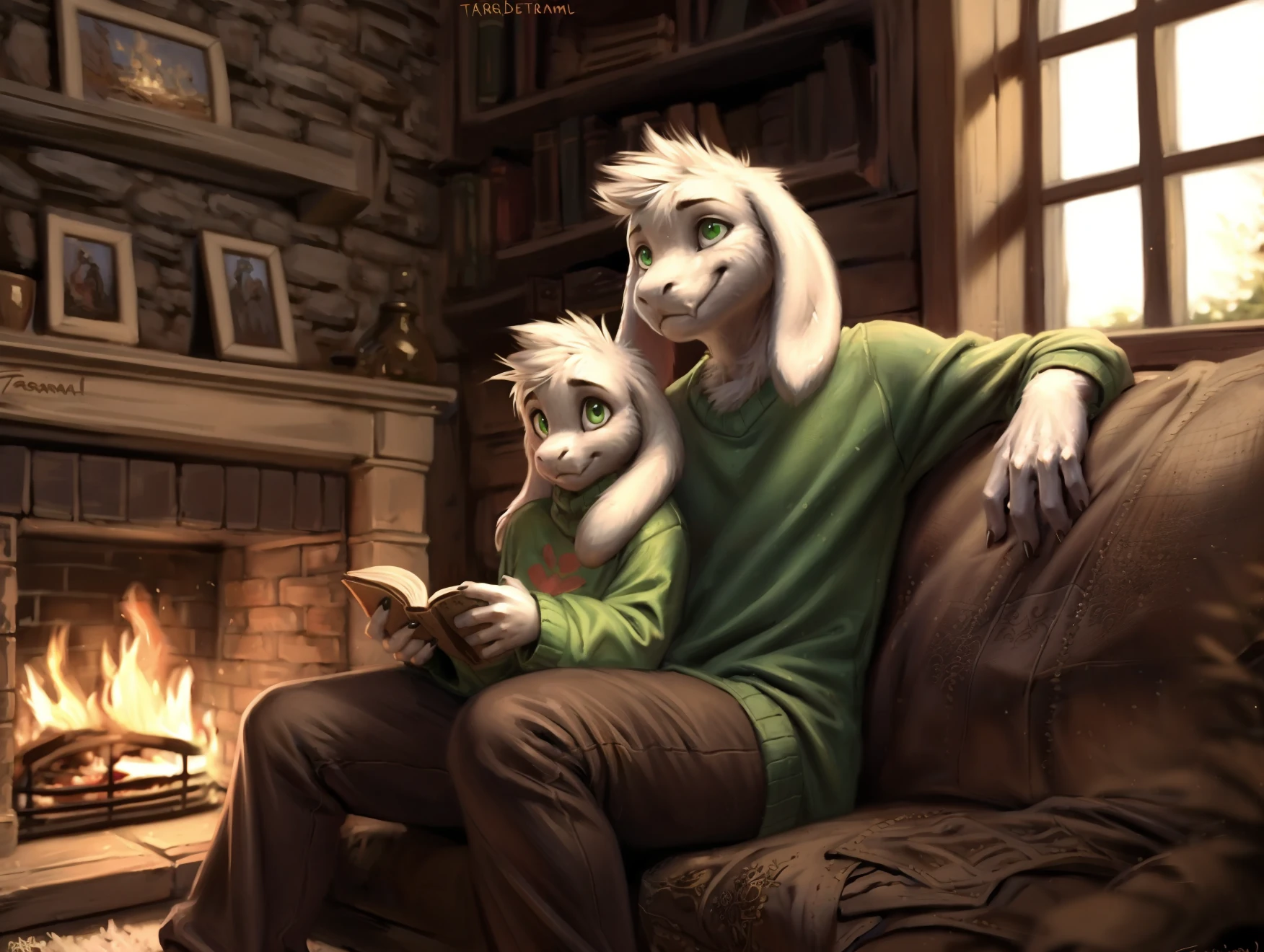 asriel dreemurr, goat, kid, child, long hanging ears, white fur, white hair, white sclera, glistening green eyes, baggy clothing, green sweater, loose pants, finger claws, looking forward, smile, sitting on sofa reading, cozy wooden cotage, fireplace, window, woods, sharp focus, by taran fiddler, by personalami, photorealistic, cinematic illumination <lora:Asriel_Dreemurr:0.7>
