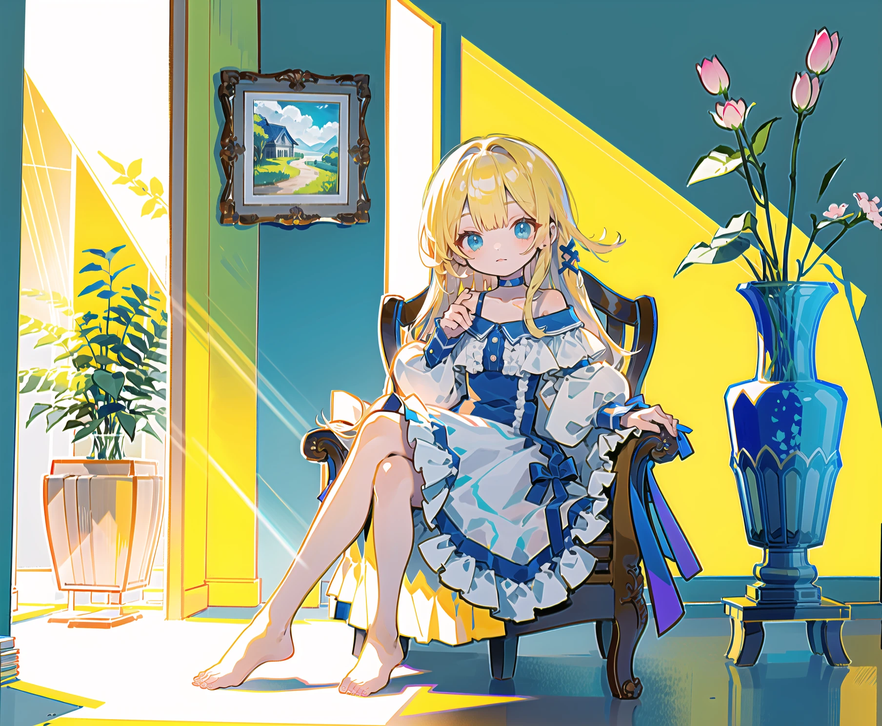 <lora:KAWAII STYLE:0.9>
detailed, ultra-detailed, masterpiece, 8k wallpaper,
(kawaii style:1.5)
petite, cure lovely, round face,
1girl, solo, dress, barefoot, blonde hair, sitting, crossed legs, long hair, bare shoulders, choker, blue eyes, indoors, white dress, plant, sunlight, feet, vase, light rays, looking at viewer, bangs, frills, puffy sleeves, toes, long sleeves, chair, closed mouth, off-shoulder dress, off shoulder, lips, flower