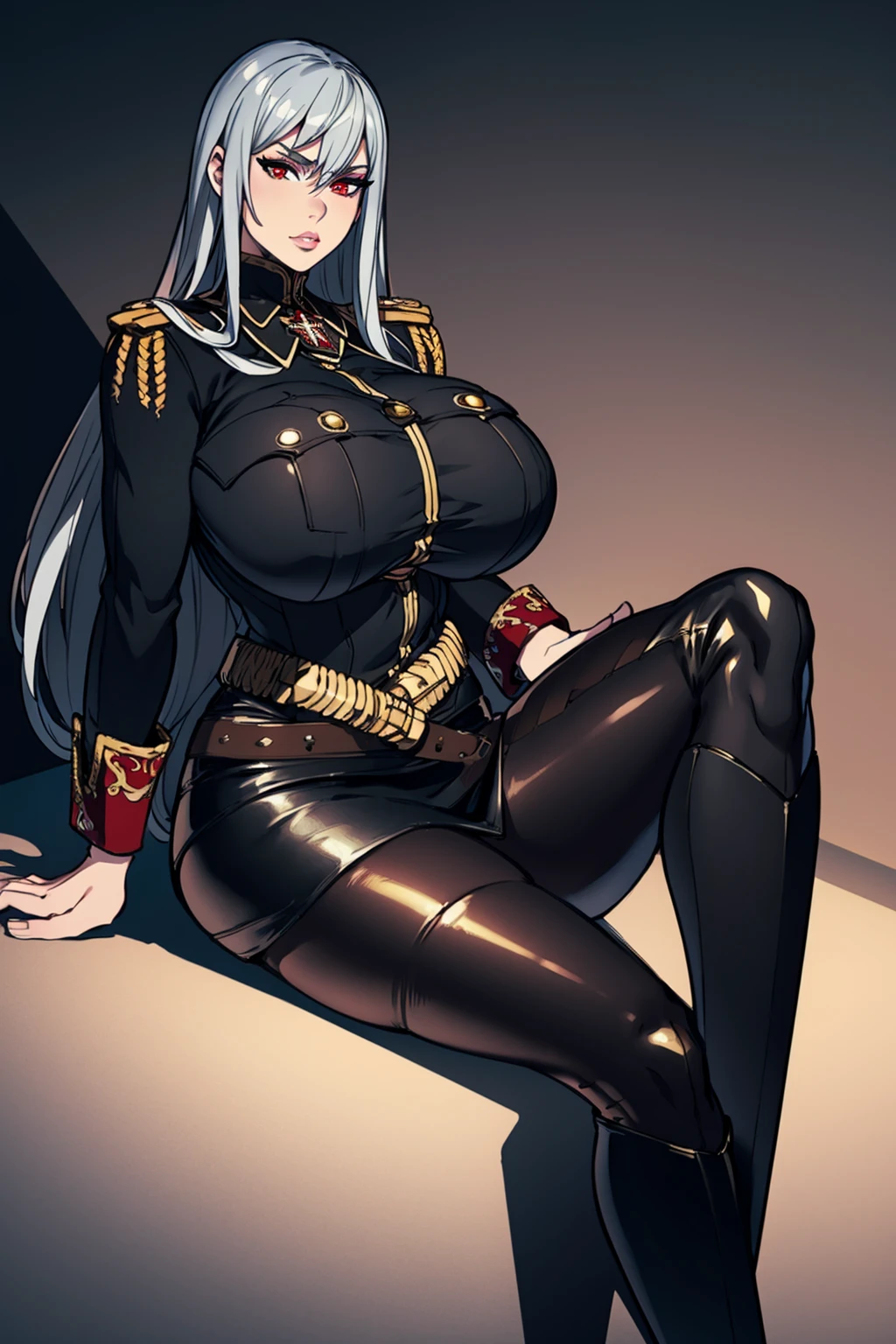 8k, 4k, intricate details, cinematic lighting, stunning environment, ornate, (realistic:1.3), detailed face, detailed eyes, detailed shadows, 1girl, solo, curvy, gigantic breasts, thick thighs, very long hair, silver hair, red eyes, (military uniform:1.1), black uniform, golden ornament, high heels, high boots, belt, golden belt, mini skirt, (tight skirt:1.1), (black leather pantyhose:1.1), <lora:CHA_SelvariaBles:0.9>