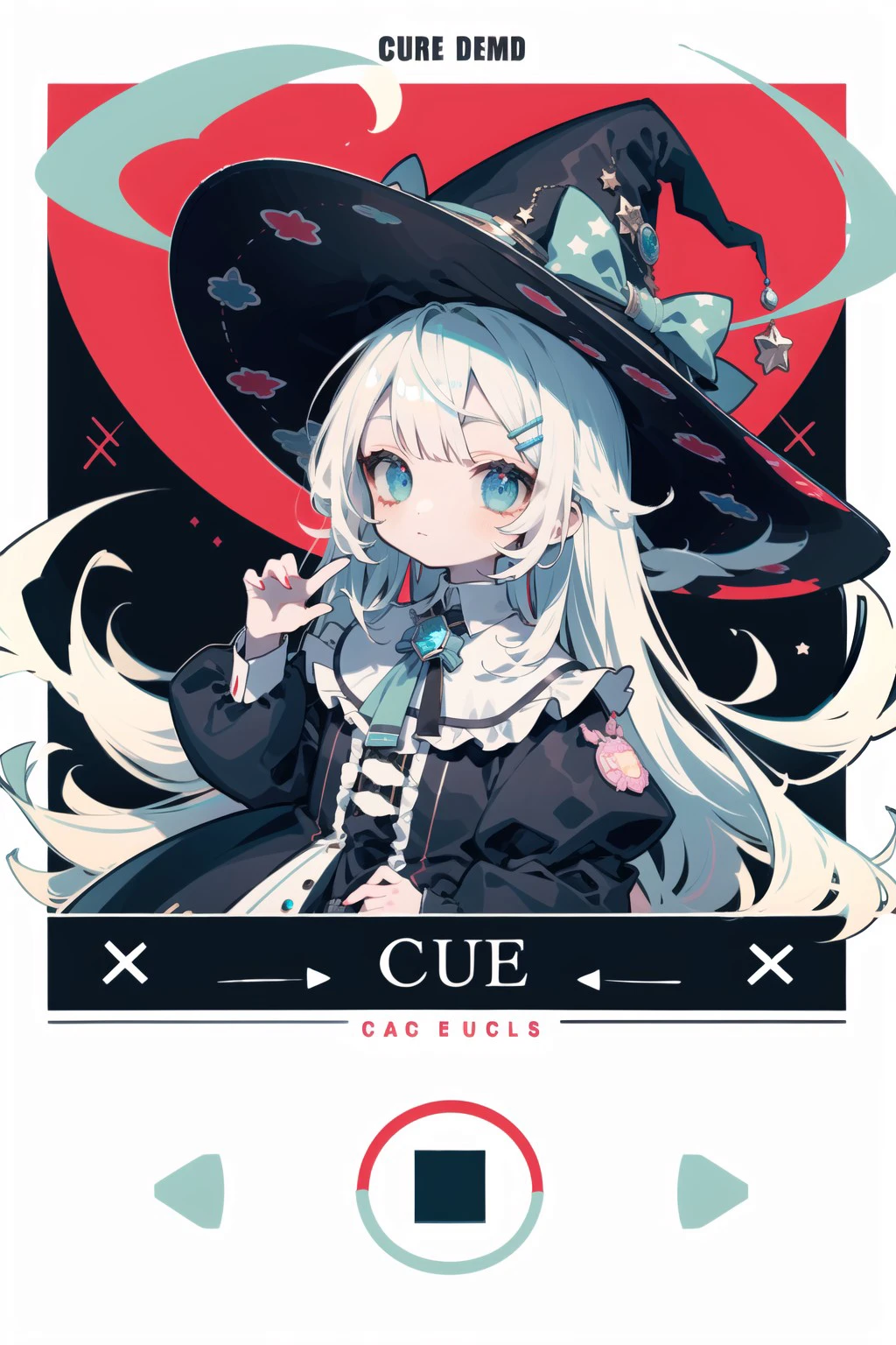 <lora:KAWAII STYLE:1>
detailed, ultra-detailed, masterpiece, 8k wallpaper,
(kawaii style:1.5),(player interface:1.5),
child,petite, cure lovely, round face, 
1girl, hat, solo, witch hat, blue eyes, bow, dress, long sleeves, black dress, hat bow, long hair, looking at viewer, black headwear, star (symbol), closed mouth, bangs, witch, hand up, white hair, cowboy shot, jewelry, brooch, blue bow, white neckwear, puffy sleeves, star print, standing, bike shorts, puffy long sleeves, ribbon 
