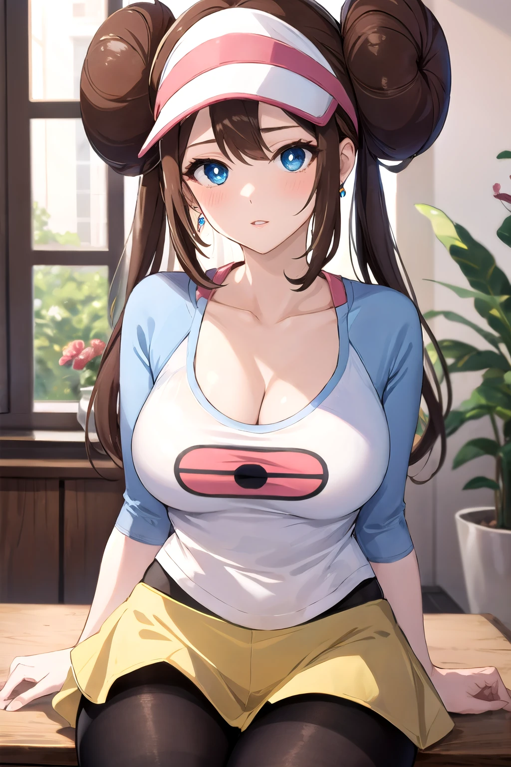 <lora:rosa_v2:1> rosa pokemon, solo, pantyhose, double bun, hair bun, brown hair, raglan sleeves,pokeball print, pantyhose, yellow skirt ,visor cap, blush, blue eyes, long hair, breasts, bangs, brown_hair, breasts, cleavage, collarbone, earrings, indoors, jewelry, large_breasts,looking_at_viewer, parted_lips, sitting, solo, thick_thighs, thighs, wide_hips, window