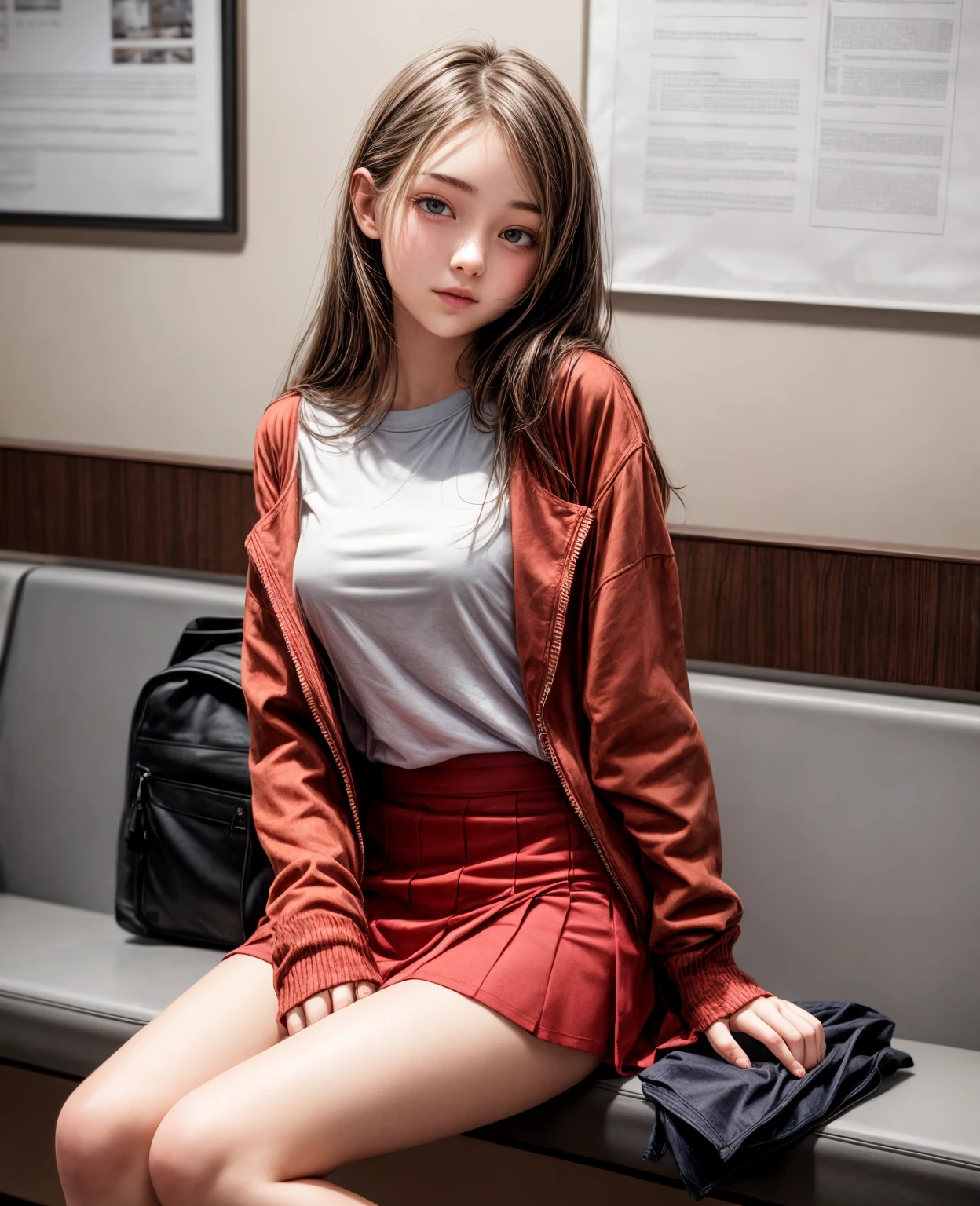 18-year-old girl, sitting, shirt, skirt