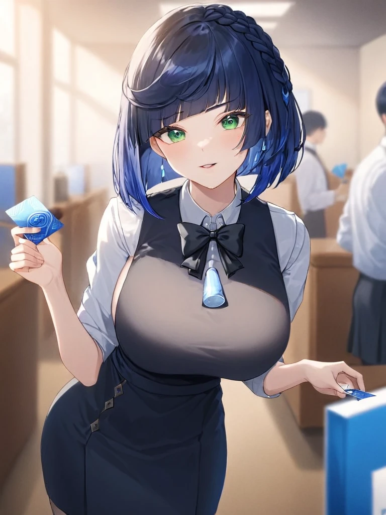 ultra-detailed,(best quality),((masterpiece)),(highres),original,extremely,<lora:yelan2_xl:1>,yelan,1girl,yelan (genshin impact),solo,vest,shirt,breasts,holding,white shirt,mouth hold,large breasts,short hair,bangs,holding card,blue hair,green eyes,looking at viewer,black vest,card,skirt,blurry,collared shirt,diagonal bangs,smile,condom in mouth,blurry background,bowtie,condom,black hair,bob cut,bow,multicolored hair,alternate costume,braid,office lady,dress shirt,black skirt,blunt bangs,pencil skirt,sleeves rolled up,black bowtie,black bow,leaning forward,