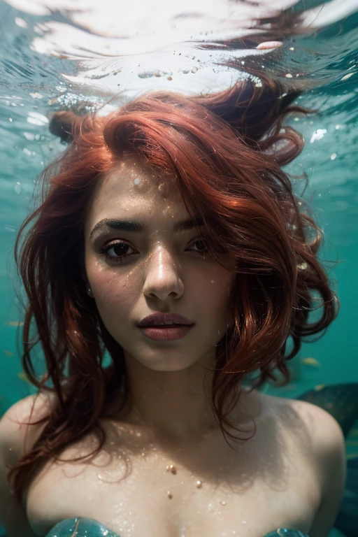 (photo of a gorgeous woman), (professional photography), (red hair), (underwater), (as a mermaid), detailed face, detailed eyes, (portrait), masterpiece, best quality, (eye contact), (looking at the viewer), centred, (shot from front), ((soft even lighting)), well lit, blurred_backgound, bokeh, proportional, <lora:Ketika-10:0.85>
