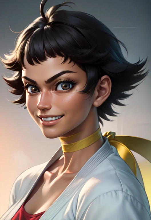 Makoto,black hair,short hair,toned,brown eyes,
grin,
standing, upper body,
yellow ribbon choker, red undershirt, collarbone, white dougi,
dojo,
(insanely detailed, beautiful detailed face,beautiful detailed eyes, masterpiece, best quality)
<lora:makotoSF4-10:0.8>