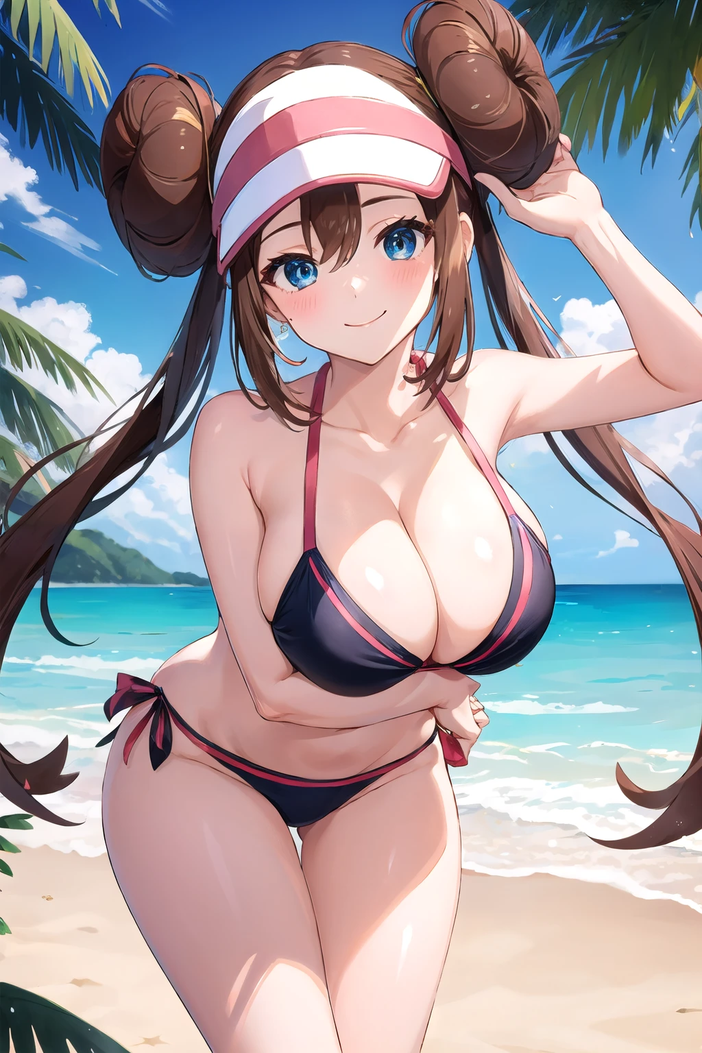 <lora:rosa_v2:1> rosa pokemon, double bun, solo, 1girl, huge breasts, visor cap, blush, smile, cleavage, twintails, brown hair, hair bun, long hair, looking at viewer, beachwear