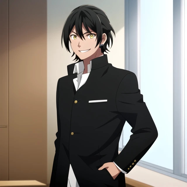 high quality, highres, absurdres, (((1boy, solo focus)), muscular male), yellow eyes black hair, dark-skinned male, tan, earrings, nalu tanaka <lora:Nalu_Tanaka_v1:0.7> , standing, facing viewer, school uniform, gakuran, standing, light smile, ;p,