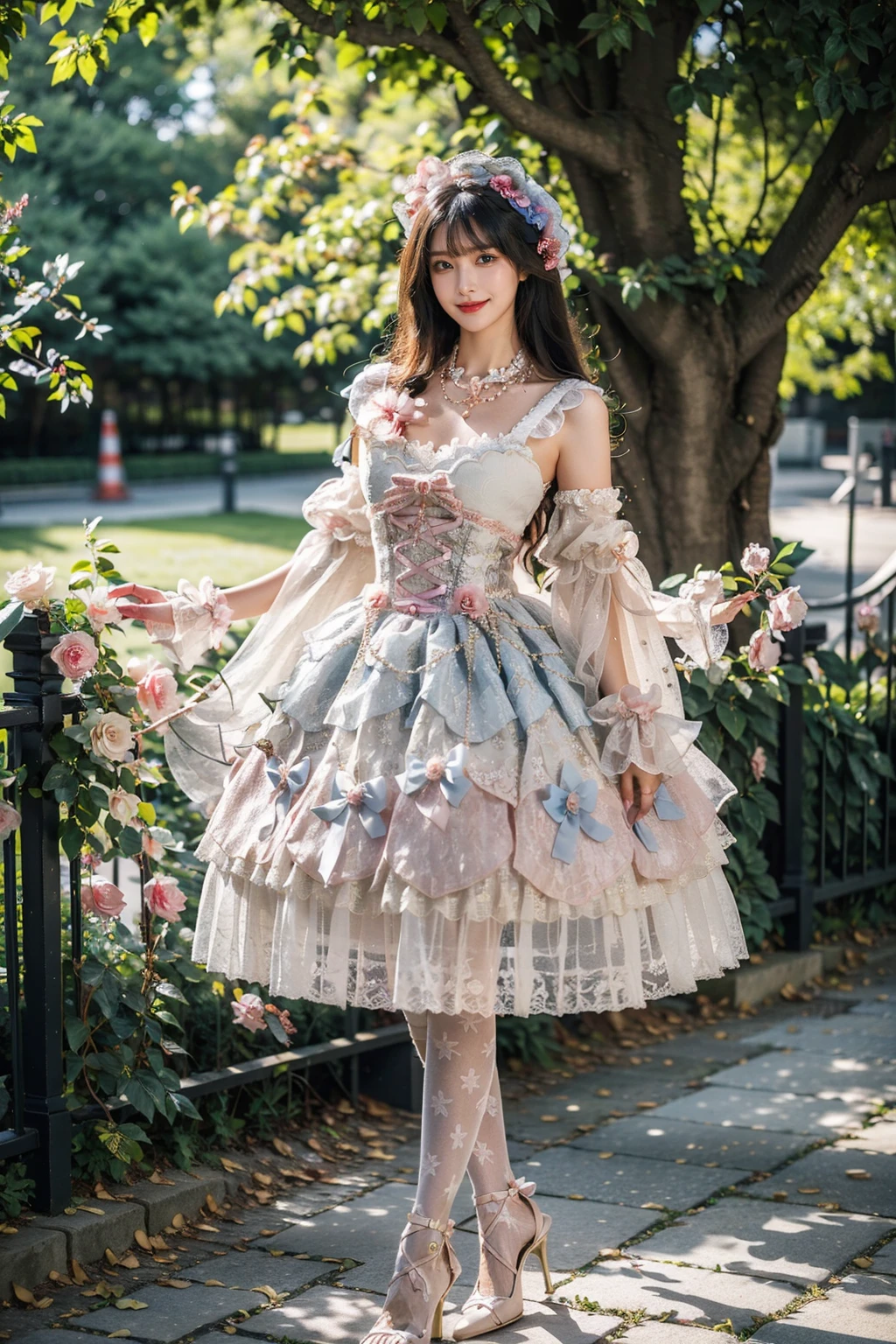 best quality, masterpiece, photorealistic, 1girl, solo, full body, balck hair, straight hair, blunt bangs, looking at viewer, smile, lo dress, layered dress, wrist cuffs, frills, detached sleeves, bow, necklace, jewelry, thighhighs, high heels, in garden, flower, tree, detailed background, <lora:lo_dress_classic_style1_v2:0.65>