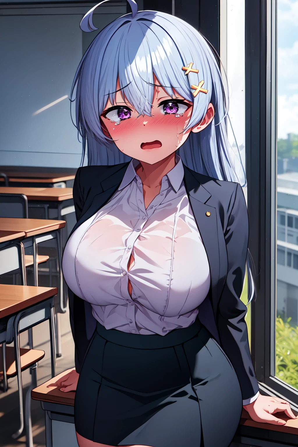best quality, masterpiece, highres, 1girl, large breasts, (crying:1.2), nose blush, classroom, open mouth,
yowayowa, (xx hair ornament:1.2), cross hair ornament, cross hairclip, purple eyes, long hair, blue hair, ahoge, bangs, hair between eyes, office lady, jacket, white shirt, skirt, <lora:yowayowa_lora_ver1:0.8>