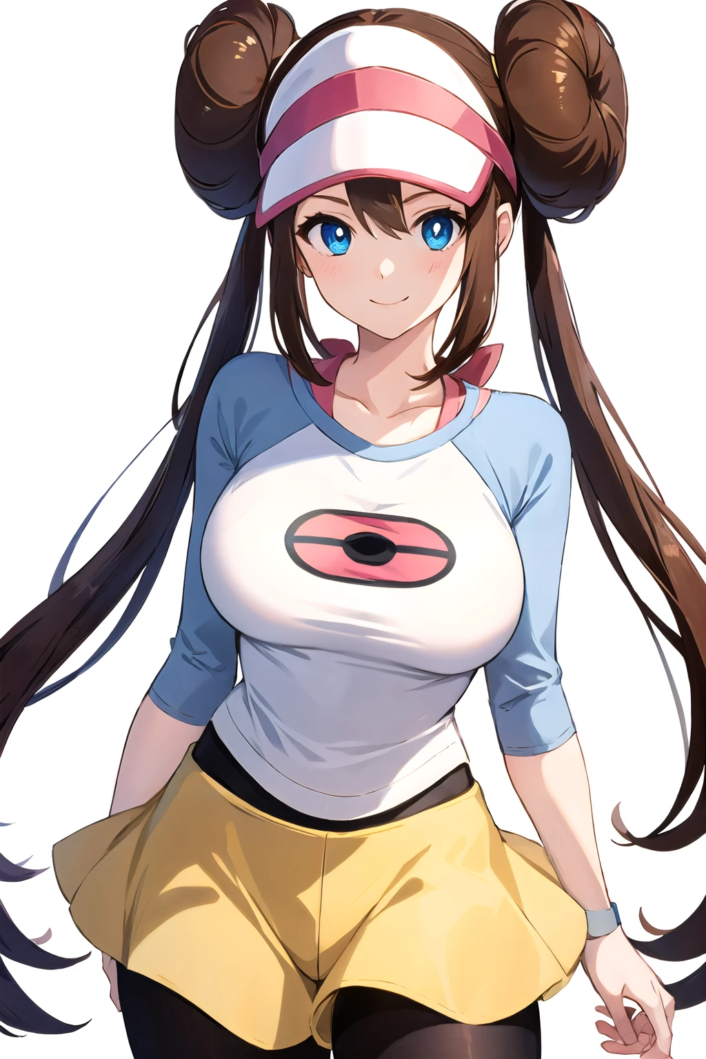 <lora:rosa_v2:1> rosa pokemon, blue eyes, simple background, smile, pantyhose, raglan sleeves, large breasts, brown hair,   double bun, black pantyhose, 1girl, long hair, looking at viewer, white background,  solo, visor cap, shorts, skirt, hair bun, twintails