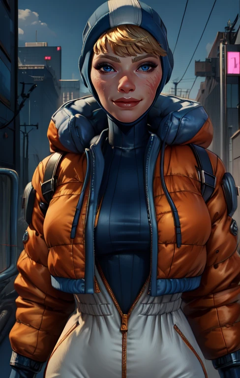 wattson, bangs, blue eyes, scar on face,
looking at viewer, smile,
turtleneck, head cap, white Jumpsuit, orange jacket,
standing, facing viewer,
cyberpunk, electricity, electric fence,
(insanely detailed, beautiful detailed face,beautiful detailed eyes, masterpiece, best quality),
<lora:wattson:0.8>