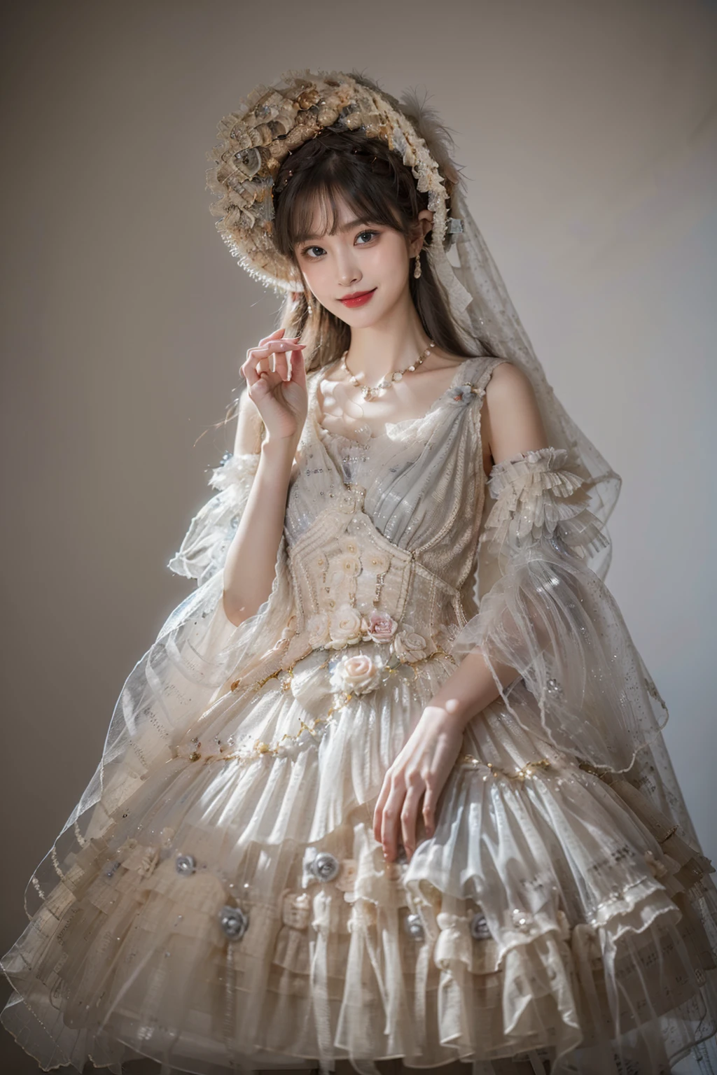 best quality, masterpiece, photorealistic, 1girl, solo, cowboy shot, balck hair, straight hair, blunt bangs, looking at viewer, smile, lo dress, layered dress, detached sleeves, wide sleeves, see-through, veil, hat, hair ornament, bonnet, jewelry, simple background, <lora:lo_dress_floral_style3_v2:0.65>