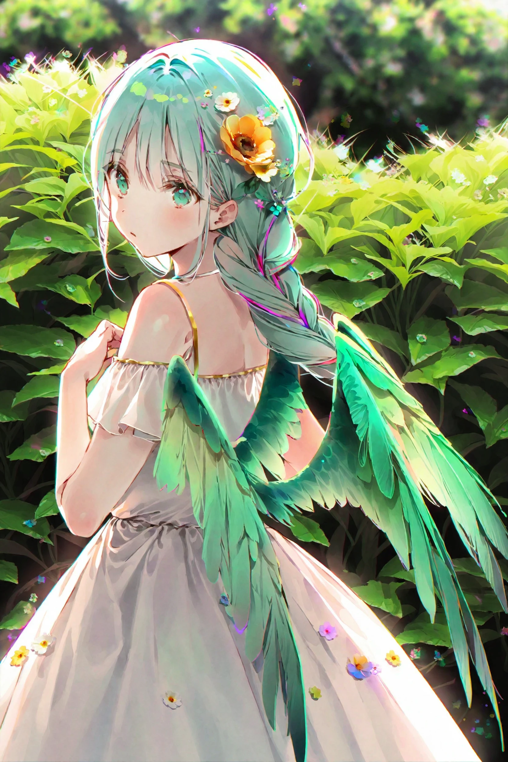 by dsmile9, best quality, masterpiece, aesthetic, 1girl, solo, hair ornament, flower, braid, dress, hair flower, long hair, wings, looking at viewer, hair over shoulder, bare shoulders, bangs, white dress, upper body, blush, off shoulder, hand up, white background, green wings,
lighting and shadow