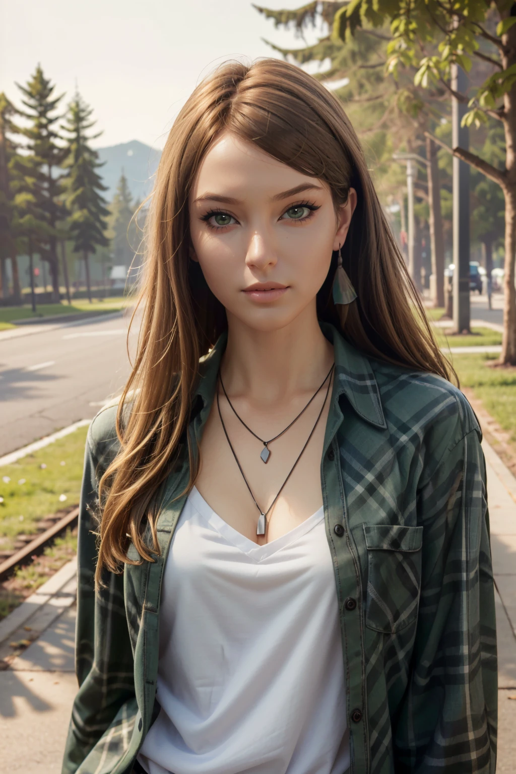 (masterpiece, best quality, highres:1.5)
 <lora:LifeStrangeRachel:0.8>
LifeStrangeRachel, 1girl, solo, long hair, brown hair, shirt, jewelry, green eyes, upper body, earrings, parted lips, necklace, plaid, realistic, plaid shirt
