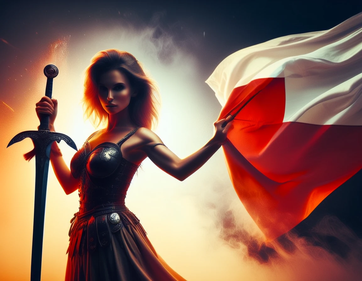 a beautiful polish man wrapped in the polish flag. in one hand she holds a royal scimitar sword, on her shoulder a pukler with an emblem, inkpunk style,thematic background, side light, rim lighting, studio lighting, ultra quality, sharp focus, film grain, Fujifilm XT3, highly detailed glossy eyes, high detailed skin, skin pores,
dark fantasy, romantic,dynamic fighting pose,,natural pose, dark fantasy style, raw, uhd, dslr