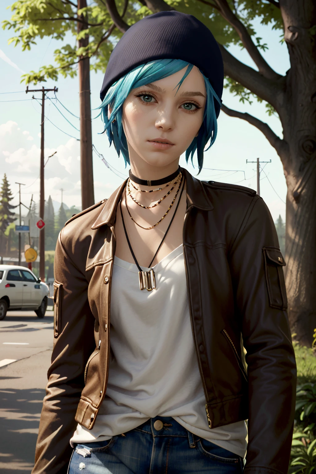 (masterpiece, best quality, highres:1.5)
<lora:LifeStrangeChloe:0.8>
LifeStrangeChloe, 1girl, solo, short hair, jewelry, jacket, choker, necklace, tree, beanie, multicolored hair