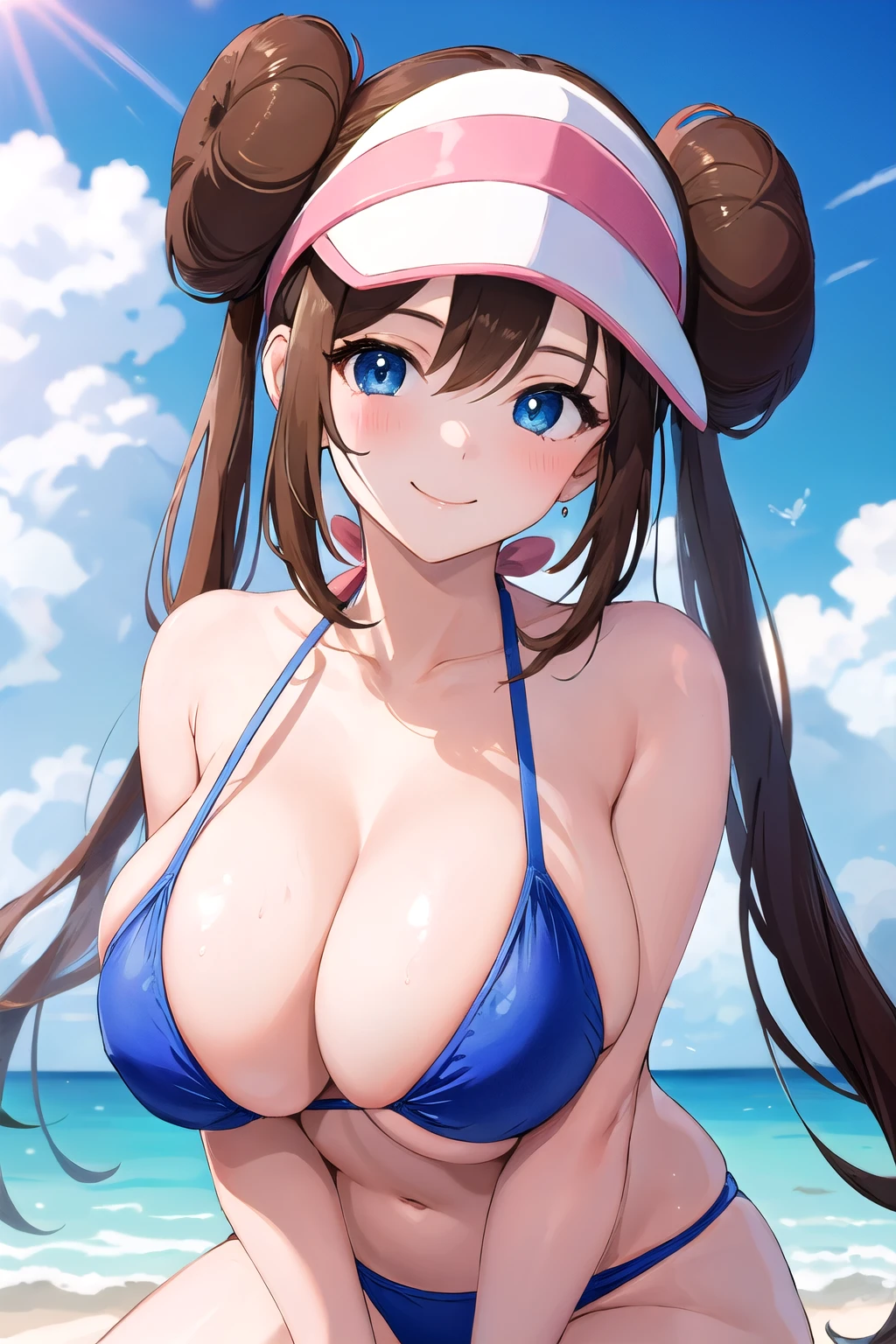 <lora:rosa_v2:1> rosa pokemon, double bun, solo, 1girl, huge breasts, bikini, visor cap, swimsuit, blush, smile, cleavage, twintails, brown hair, hair bun, long hair, looking at viewer