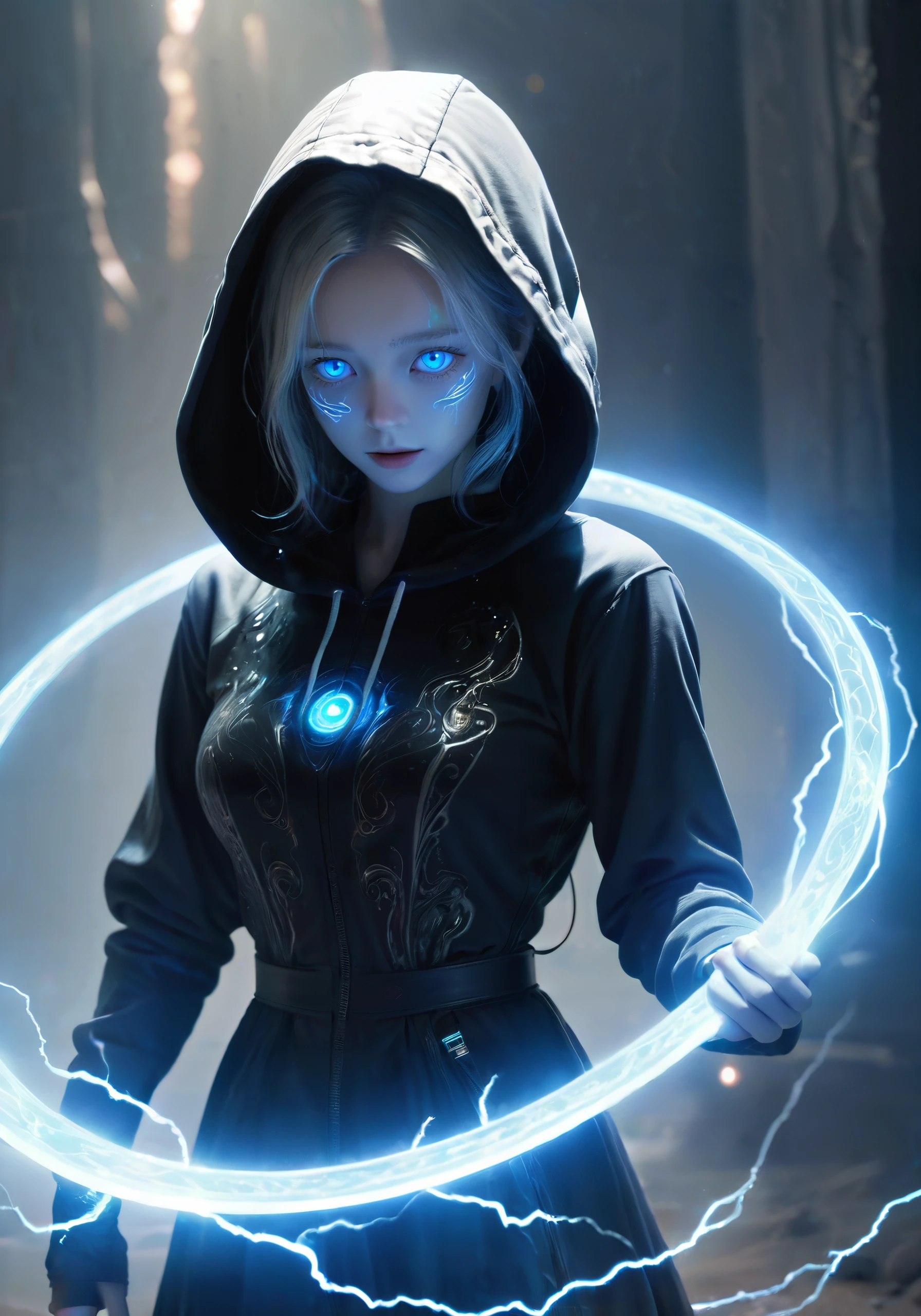 ((Dark)),epic,8k,fantasy,ultra detailed,Magic,((hood)),(hoodie),((((hair over one eye)))),
casting spell,blackhole,menancing,((glowing eyes)) ((BLUE eyes)),((glowing)),((Bloom)),magnificent,Masterpiece,absurdres,best quality,standing,1girl,human,evil,evil grin,apocalypse,destruction,end of the world,crazy eyes,Crazy,psycothic,looking down,superior,(sadistic),((demoniac)),spear,spectral,ghostly,circle,rim,rim light,crescent,abyssal,
Shorts,groin,hip bones,hip lines cowboy shot,Magic Circle,excessive energy,scifi,abyssaltech,dark energy,ethereal,dissolving,see-through,abyss,antitech,scifi,pure energy,thighs,