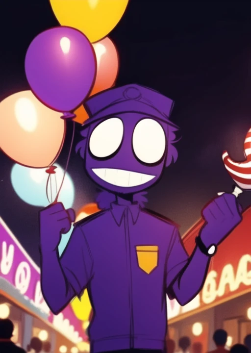 <lora:purpleguy-08:1> purpleguy, detailed background, holding balloons in hand, balloons in hand, in carnival, night time, festival, night, outdoors, public festival carival,, masterpiece, best quality
