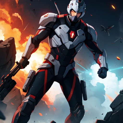 male soldier, futuristic armor, bodysuit, explosion background, sharp, extreme detailed, HD, HDR, 4K, masterpiece, high quality, high resolution, breathtaking, award-winning, professional