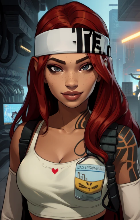 Lifeline, red hair, brown eyes, long hair,
looking at viewer, smile,
headband, left should tattoo, shirt, collarbone, detached sleeves, plastic gloves,
facing viewer,
standing, upper body, cleavage,
cyberpunk, open hospital,
(insanely detailed, beautiful detailed face,beautiful detailed eyes, masterpiece, best quality),
<lora:Lifeline:0.8>