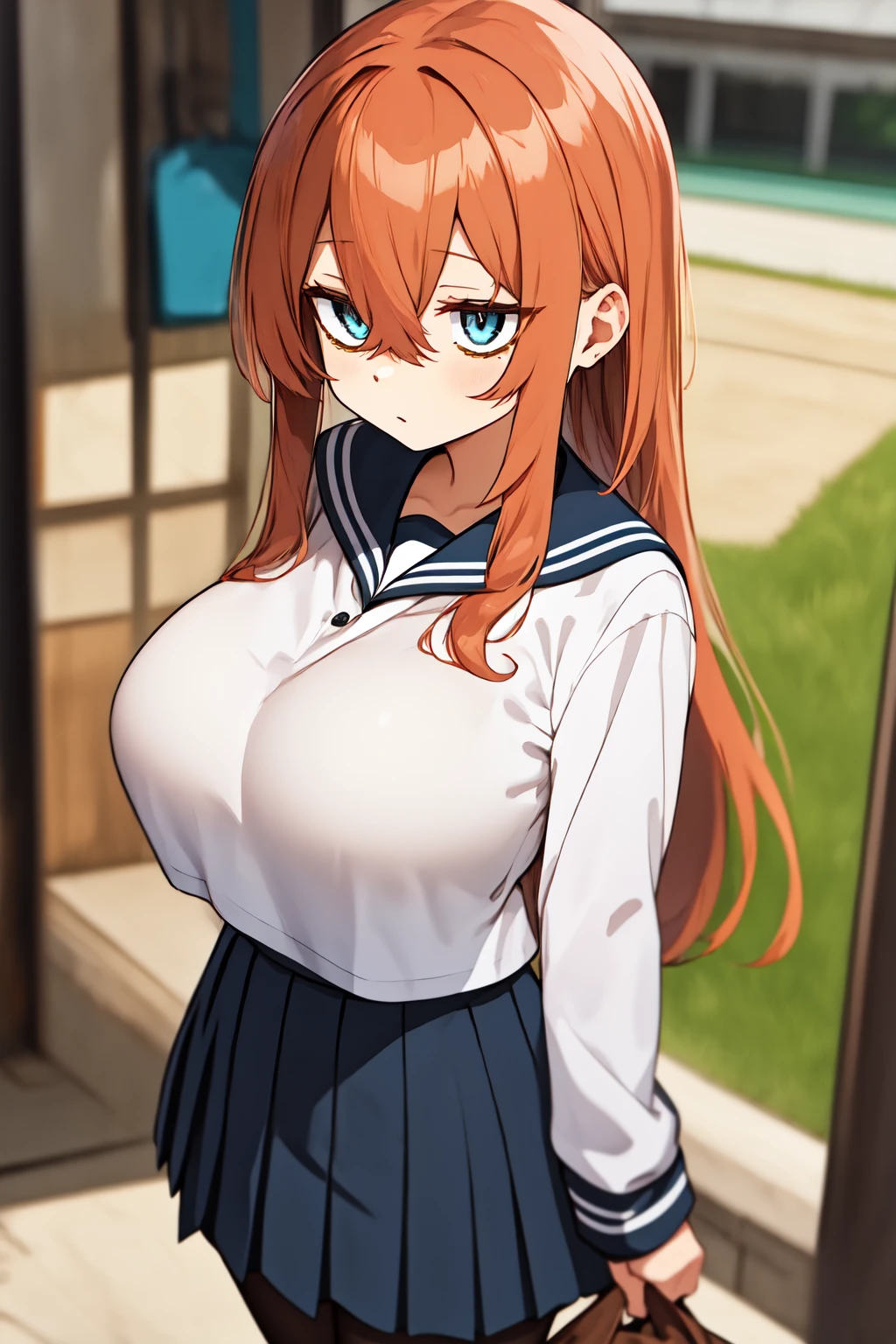 komaro, blue eyes, orange hair, bags under eyes, bangs, hair between eyes, long hair, nude, serafuku, (nude:1.2), pleated skirt, black tights, enormous massive gigantic big large fat absurd sagging breasts sagging breasts ,saggy tits, best quality, masterpiece, high resolution,