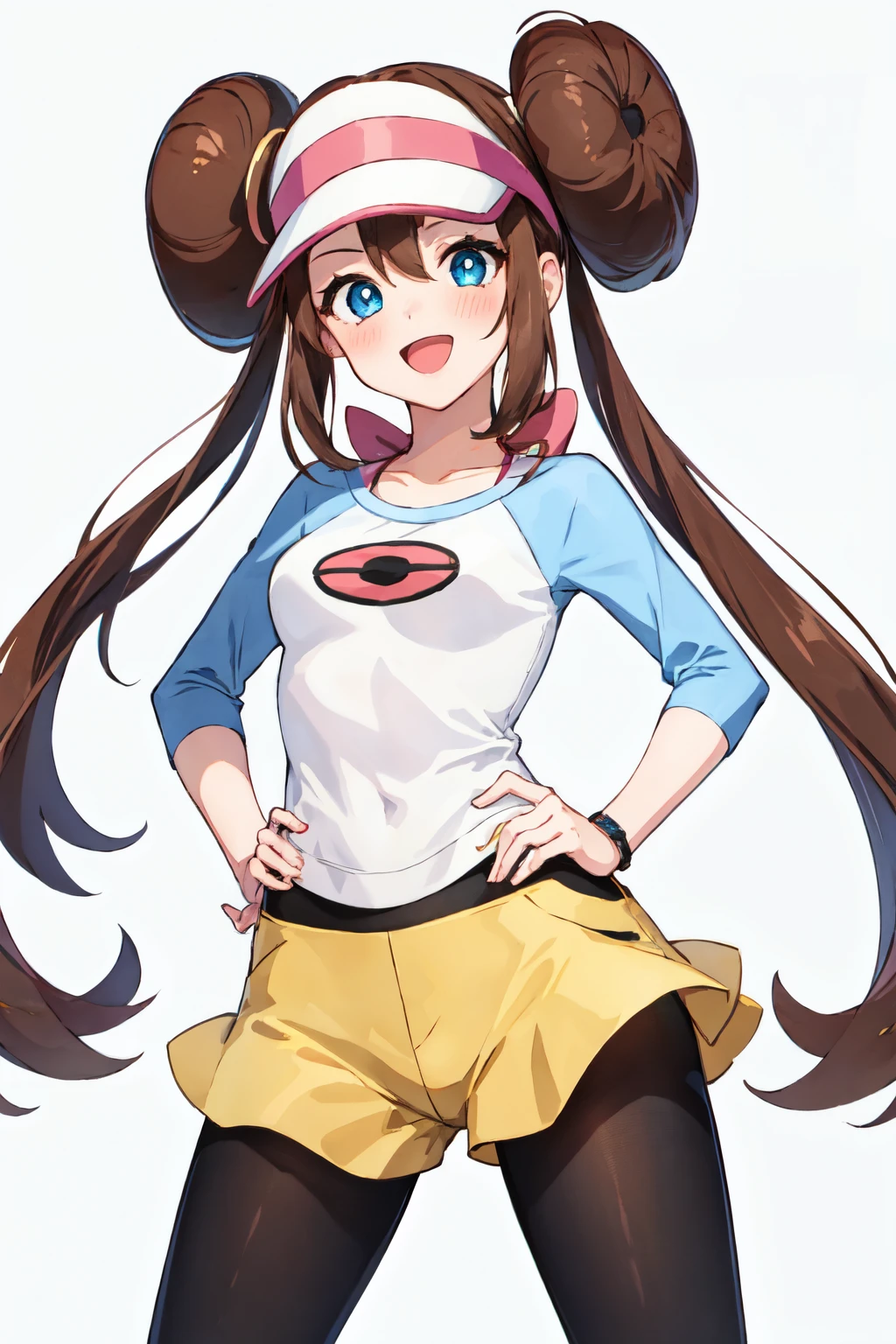 <lora:rosa_v2:1> rosa pokemon, blue eyes, simple background, smile, pantyhose, raglan sleeves, brown hair, yellow shorts, legwear under shorts, double bun, black pantyhose, 1girl, open mouth, blush, long hair, looking at viewer, white background, pink bow, hand on hip, solo, visor cap,  twintails