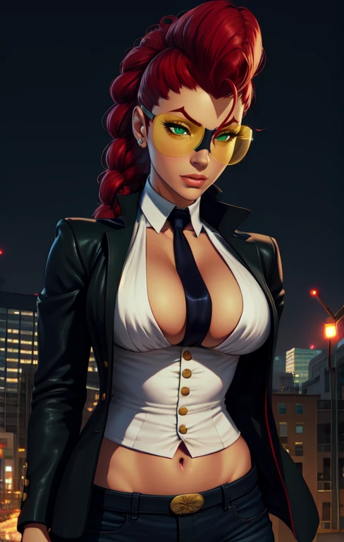((super high quality,))((Ultra-high resolution,))(16K,)(super masterpiece,)((Ultra HD ,))(Detailed shading,)Full body photo,A sexy mature woman,((popped Tight collar Red shirts,))Folded long sleeves,Black long gloves,((Glossy black pants, ))Black long boots,Black hair straight short,Sharp Eyes,Cleavage,Place one hand on hip,Provocative smile,necklace with cross,