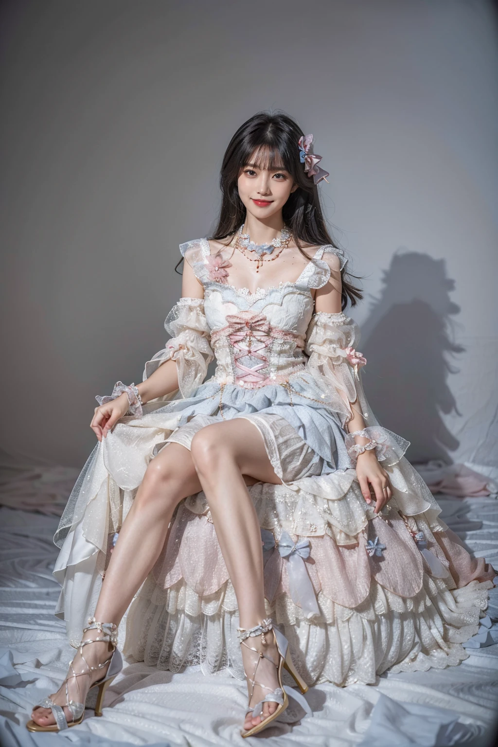 best quality, masterpiece, photorealistic, 1girl, solo, full body, balck hair, straight hair, blunt bangs, looking at viewer, smile, lo dress, layered dress, wrist cuffs, frills, detached sleeves, bow, necklace, jewelry, sitting, simple background,<lora:lo_dress_classic_style1_v2:0.65>